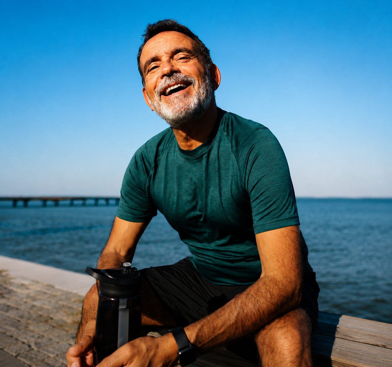 Homem sorrindo ao ar livre — proteção individual Precaver Unicred